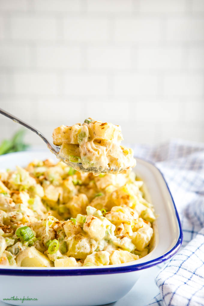 spoonful of potato salad with green onions and paprika