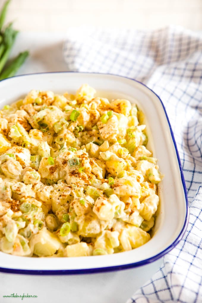 easy potato salad in white bowl with blue rim