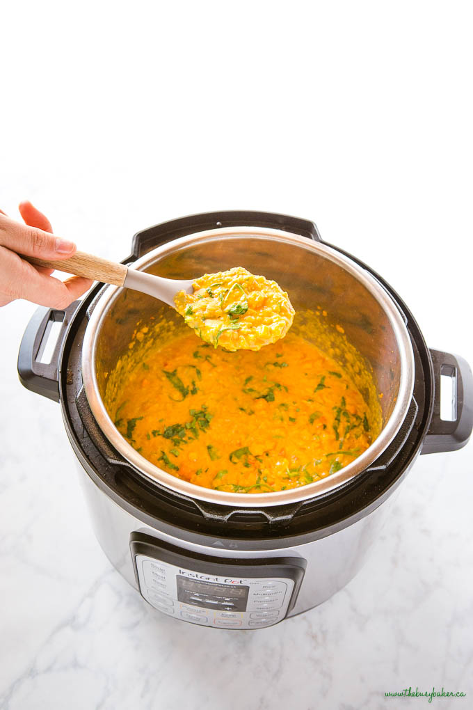 spoonful of lentil curry in the Instant Pot