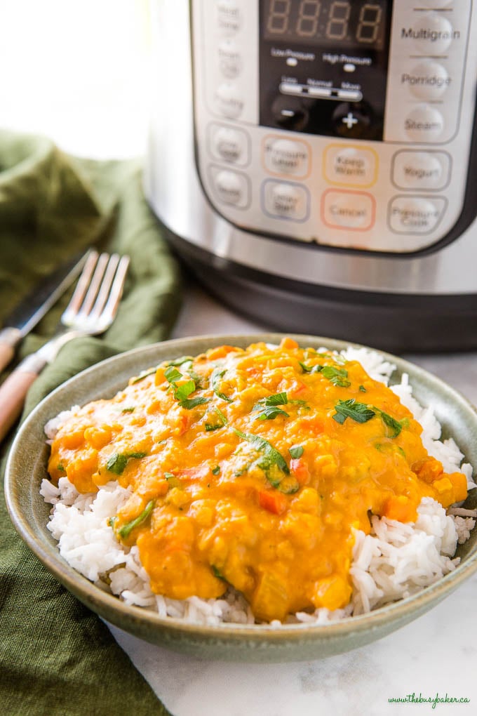 green ceramic bowl with lentil curry