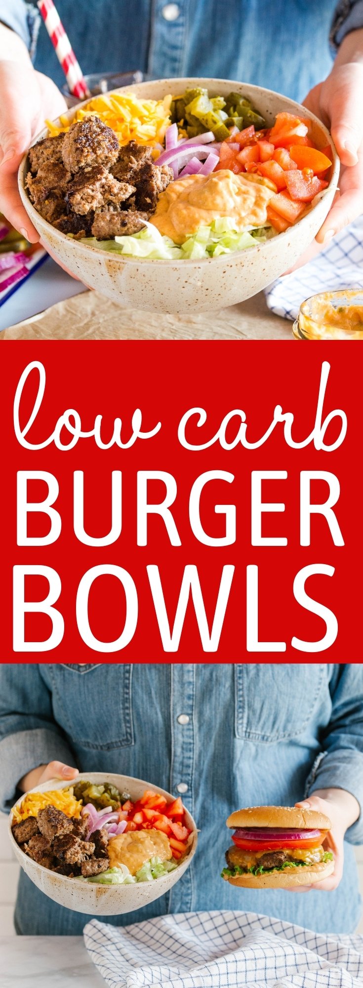 These Keto Burgers in a Bowl are the perfect low carb burger for summer! Made with juicy homemade burger patties, lettuce, cheese, pickles, tomatoes, onions and a secret burger sauce! Recipe from thebusybaker.ca! #keto #burgers #lowcarb #barbecue #summerrecipe #dinner #easytomake #recipe via @busybakerblog