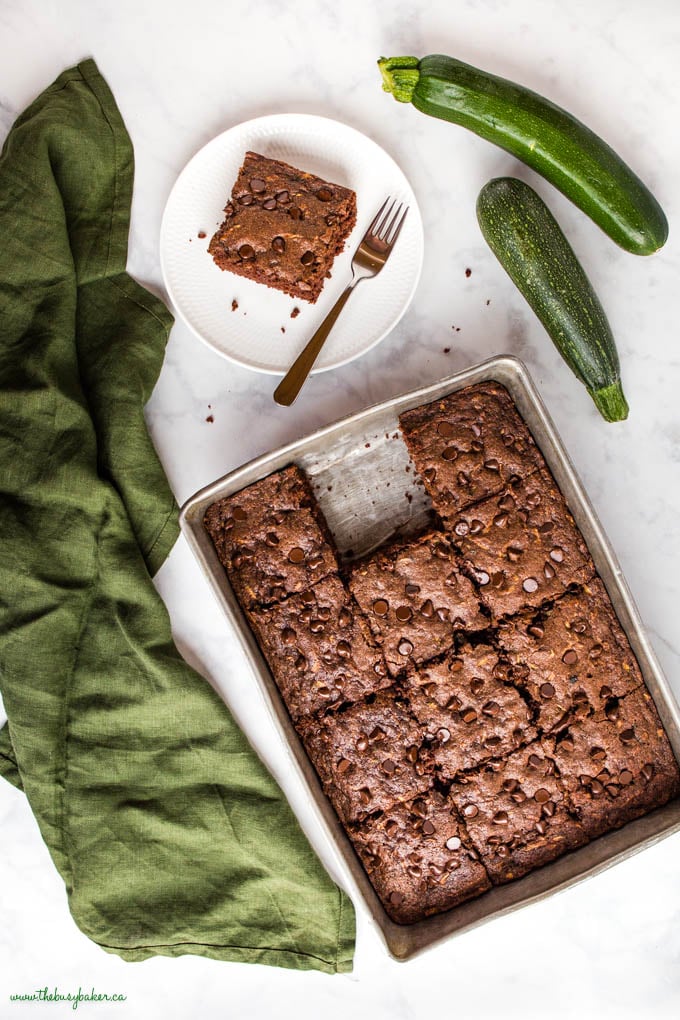 overhead image: chocolate cake with zucchini and chocolate chips