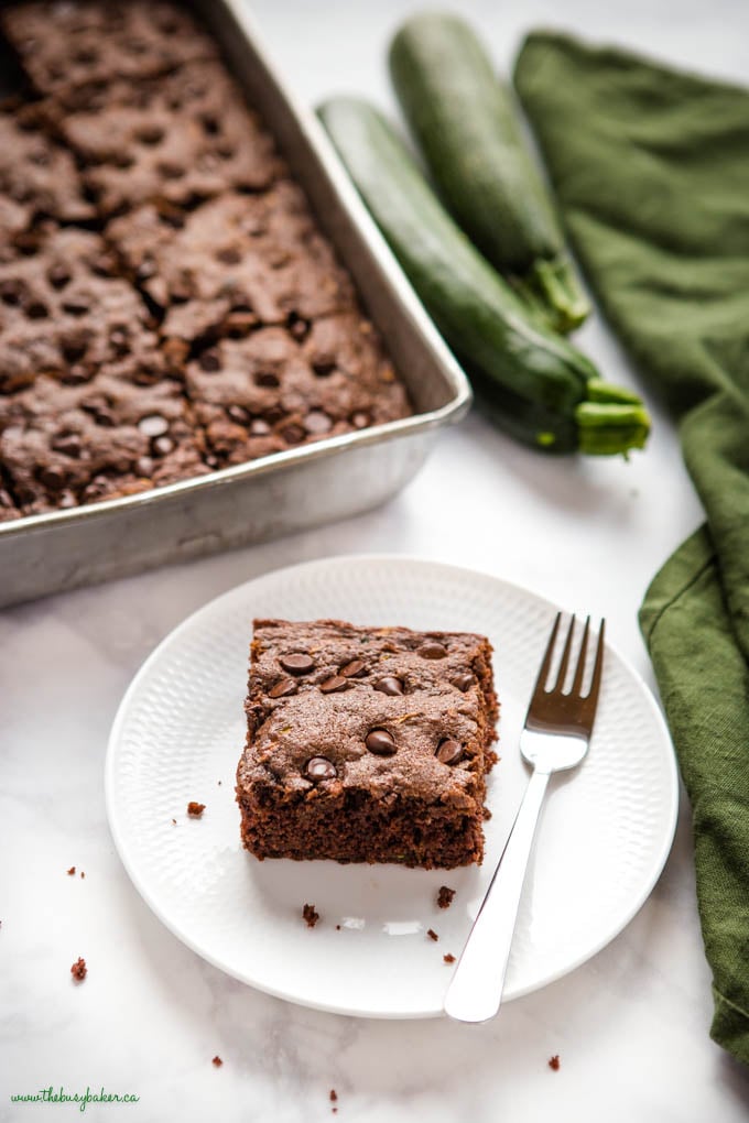 slice of zucchini chocolate cake with chocolate chips