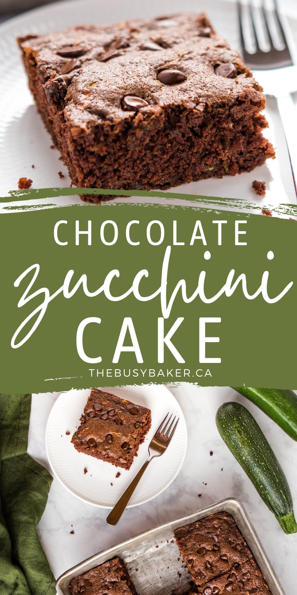 This Zucchini Chocolate Cake is moist and delicious, easy to make, and packed with delicious chocolate flavour and fresh zucchini! Recipe from thebusybaker.ca! #zucchinicake #zucchinibread #chocolatezucchinicake #zucchinichocolate #cake #baking #homemade via @busybakerblog