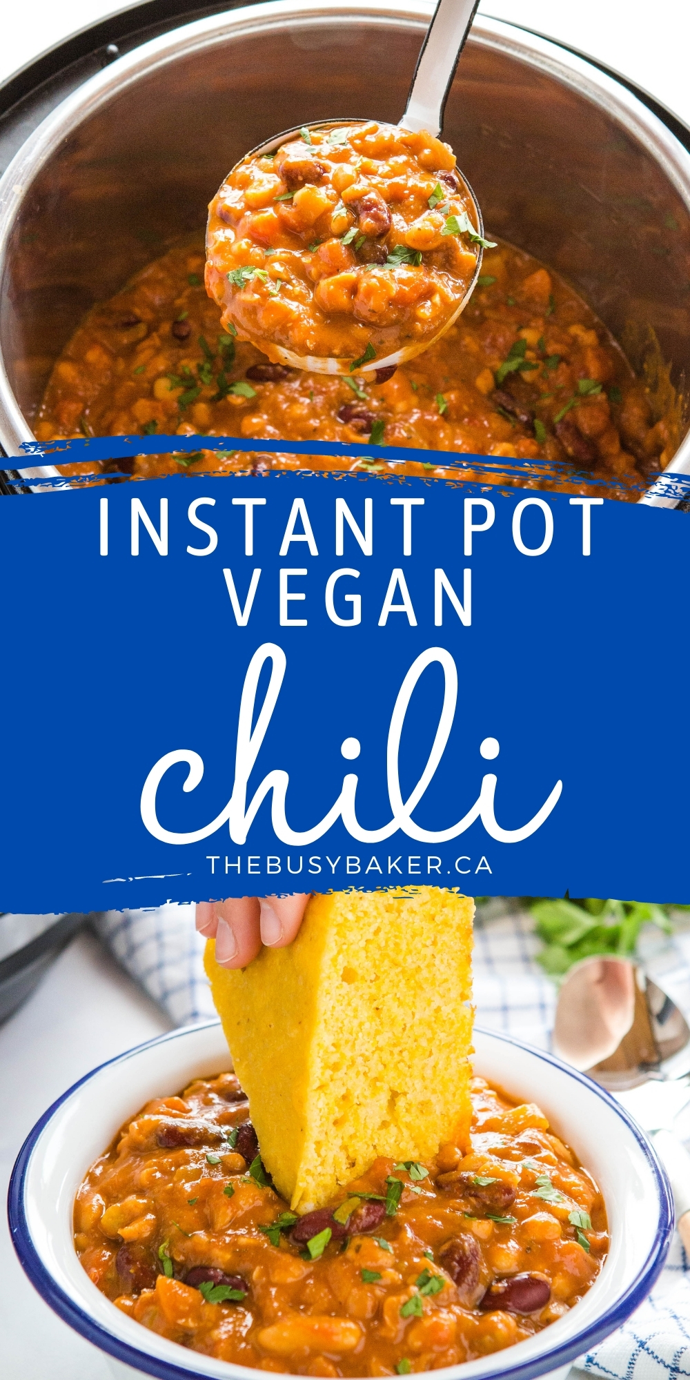 This Instant Pot Vegan Chili is hearty, filling, and packed with plant-based protein and veggies! Easy to make and ready in 25 minutes! Recipe from thebusybaker.ca! #chili #vegan #plantbased #easytomake #healthy #veggies #familymeal #easymeal #instantpot via @busybakerblog