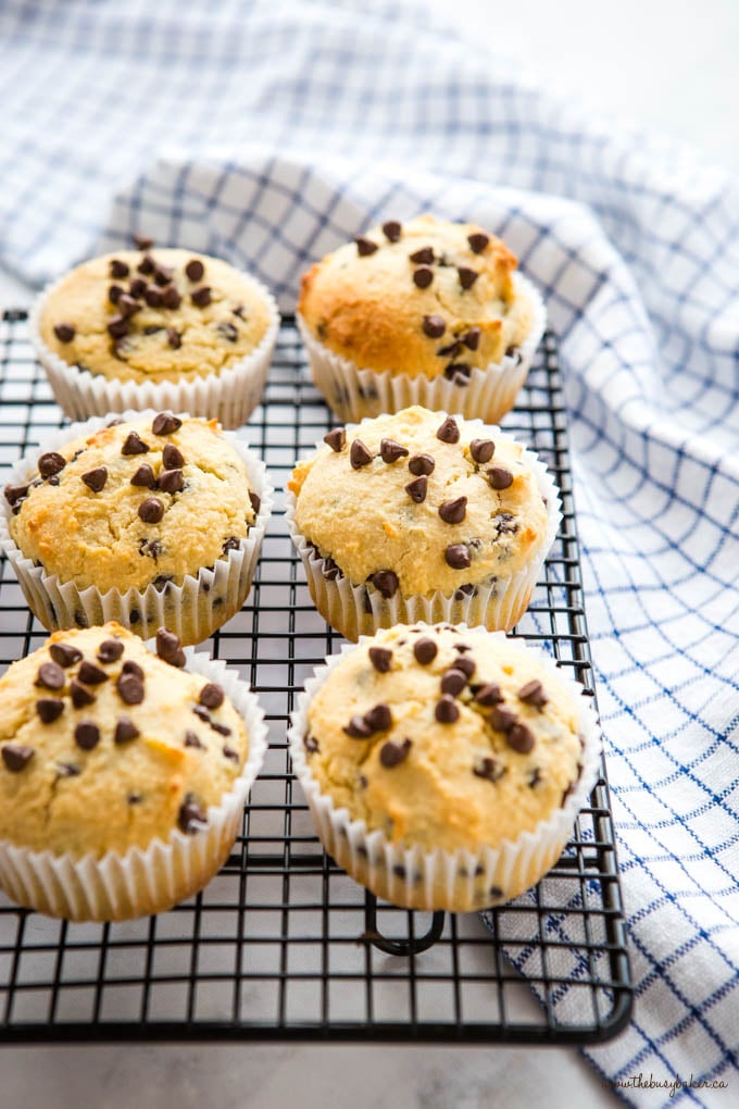 keto muffins with chocolate chips on a wire rack