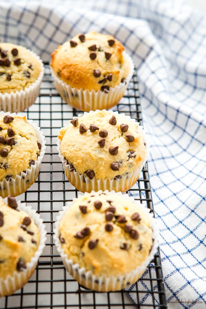 low carb keto chocolate chip muffins on a wire rack