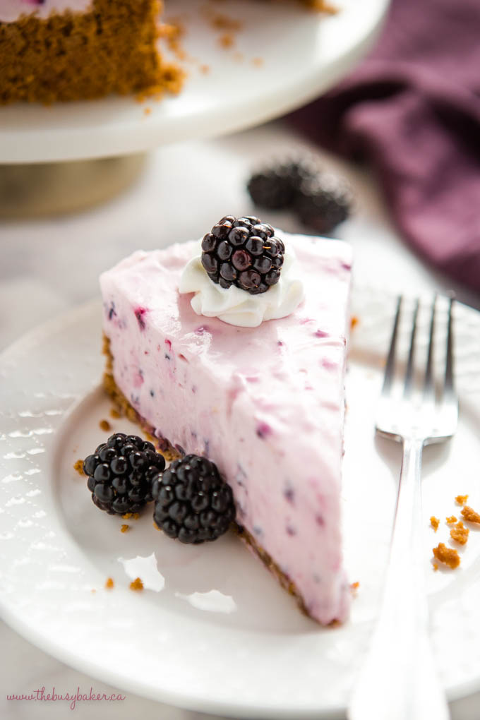 closeup image: slice of blackberry cheesecake on white plate