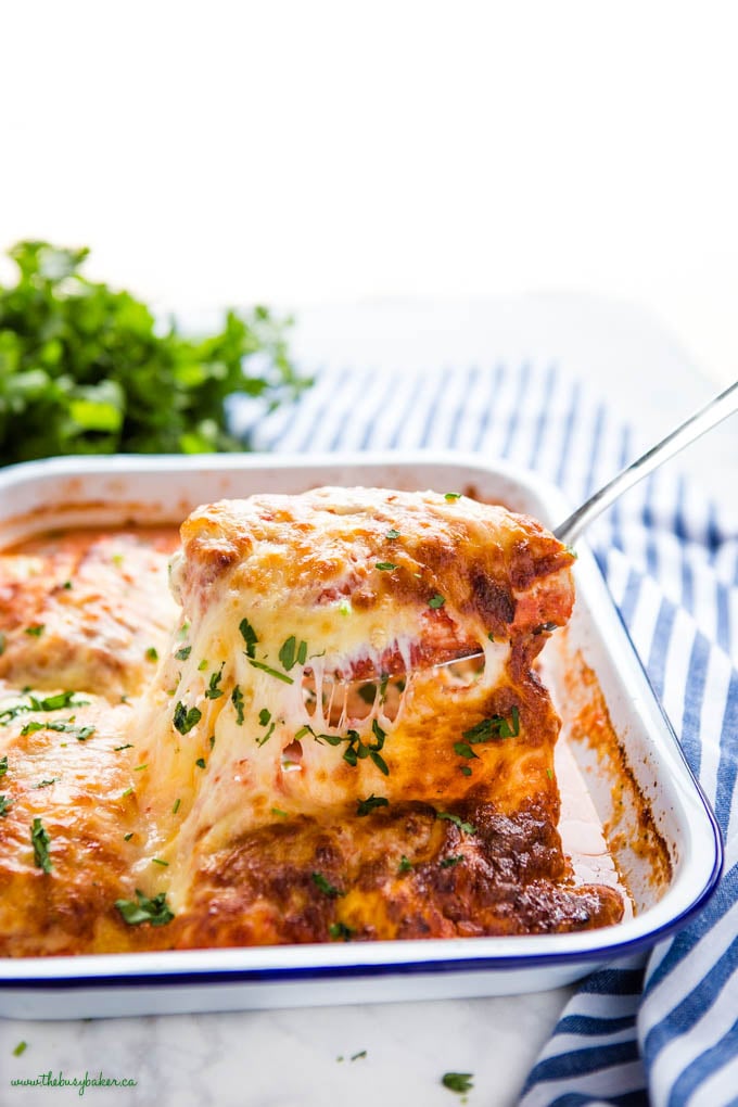 serving of lasagna stuffed chicken with melted cheese
