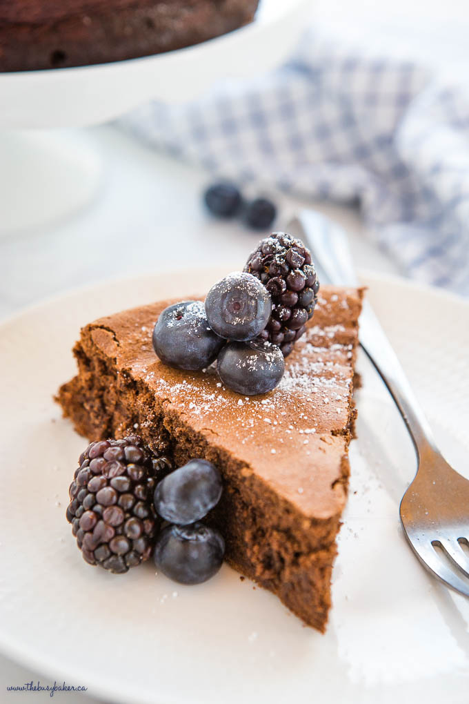 close-up image: slice of keto flourless chocolate cake with crispy top
