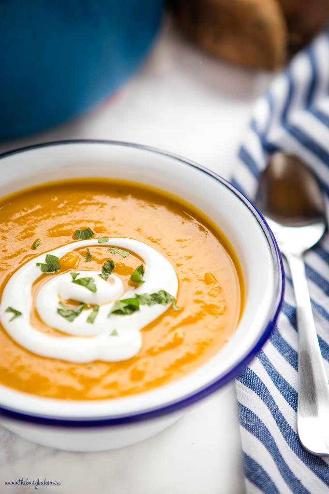 Sweet Potato Soup with coconut cream and fresh herbs