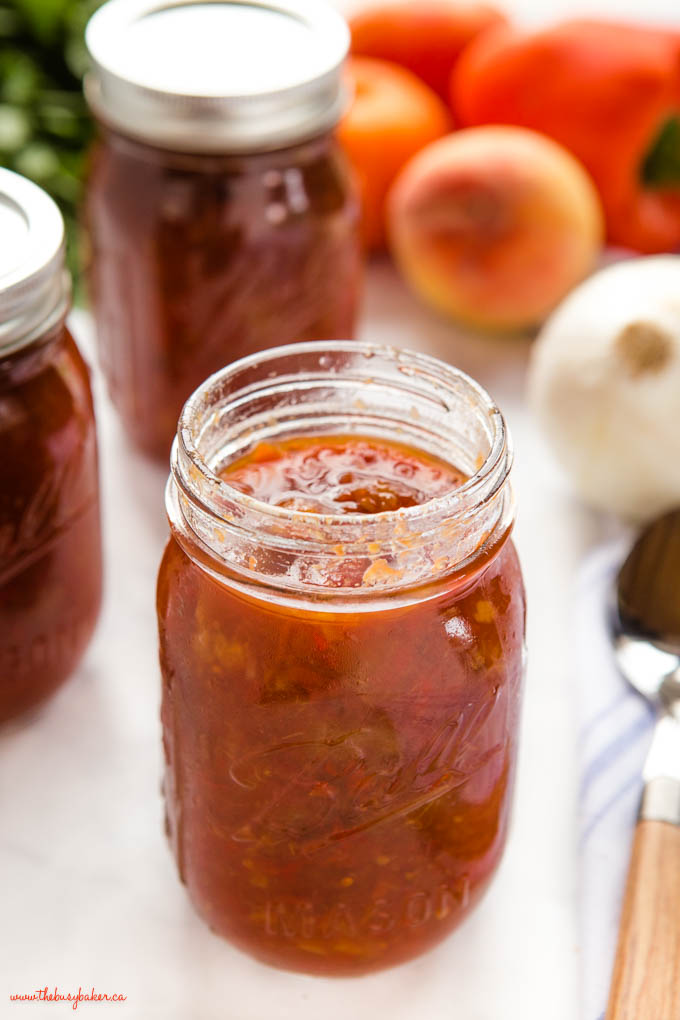 mason jar of tomato pickle fruit relish