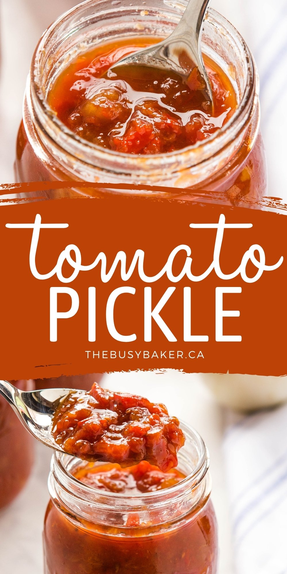 This Tomato Pickle is a classic sweet fruit relish or chutney made from fresh tomatoes, onions, bell peppers, peaches and pears - the perfect condiment for your favourite savoury dishes! Recipe from thebusybaker.ca! #chutney #tomatopickle #fruitrelish #relish #canning #homesteading #garden #fresh #homemade via @busybakerblog