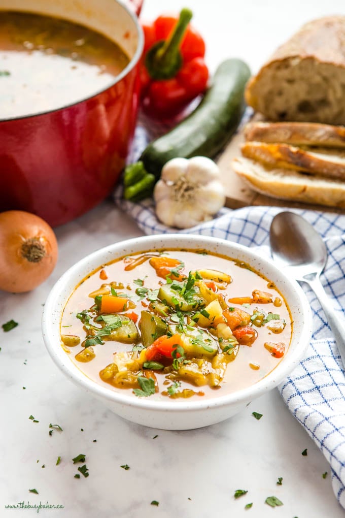 bowl of vegetable soup in white bowl