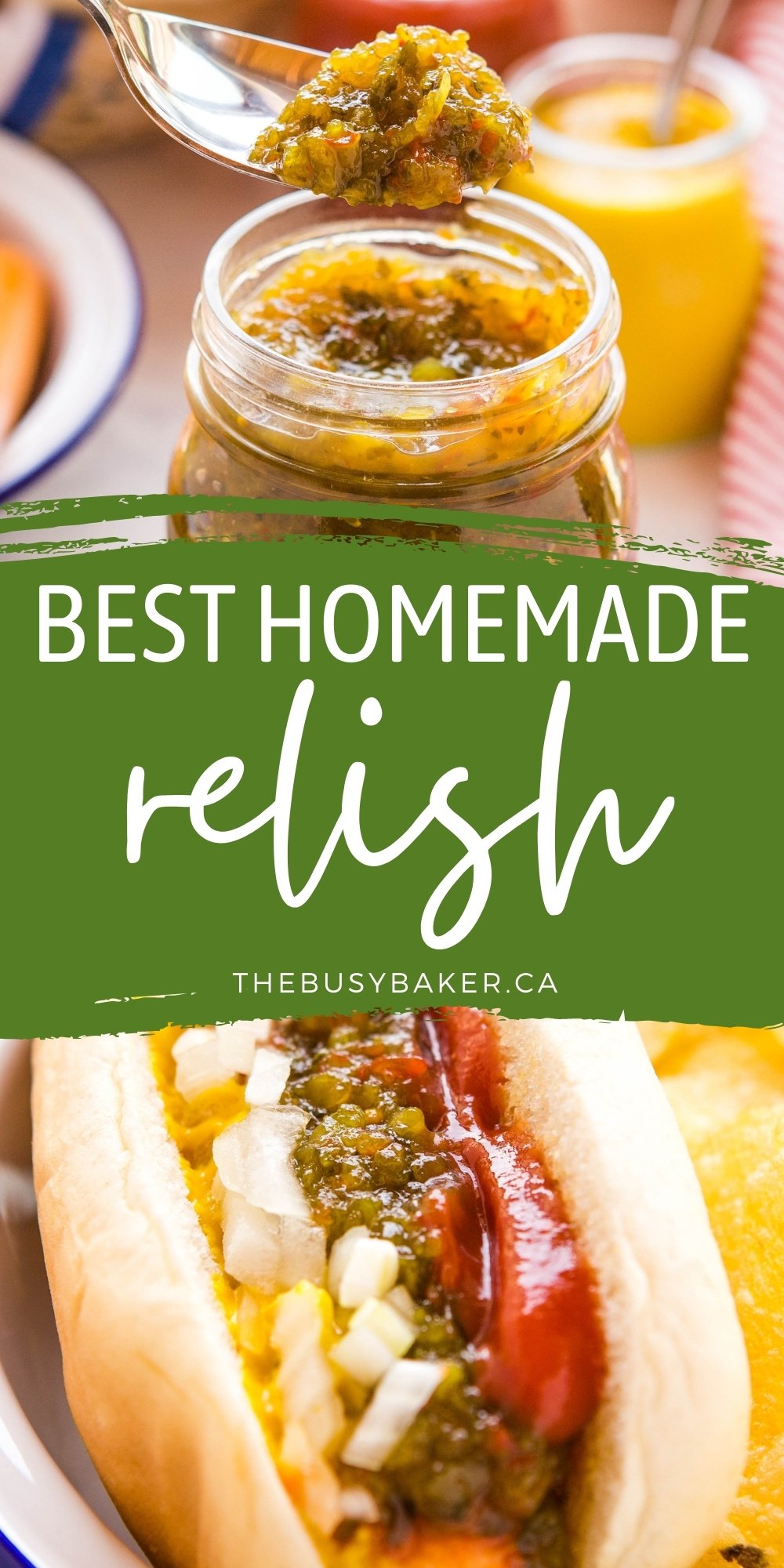 This Relish recipe is a classic condiment for summer! Homemade with simple ingredients, and perfect on hot dogs and hamburgers! Recipe from thebusybaker.ca! #relish #hotdogs #hamburgers #barbecue #condiments #barbecue #summer #party #pickles via @busybakerblog