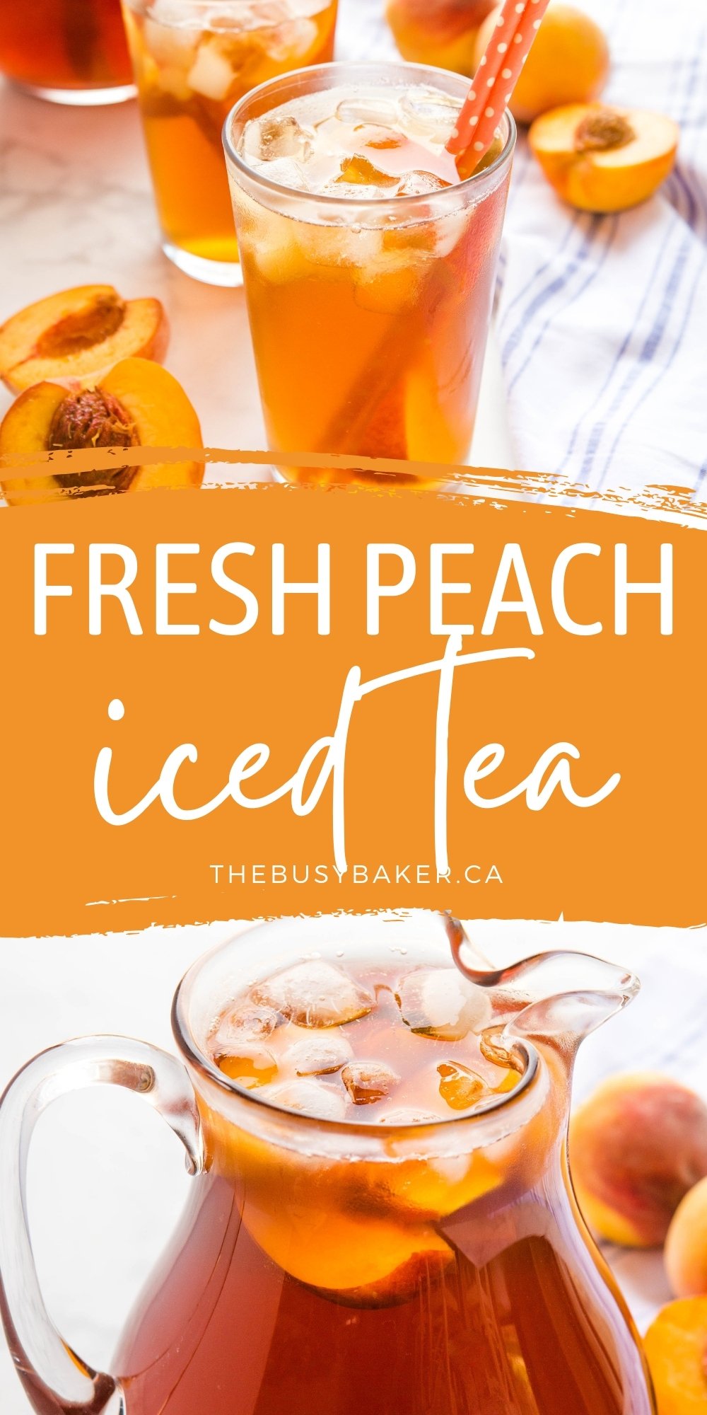 This Peach Tea is a refreshing sweet summer drink made with black tea, fresh peaches and an easy homemade sugar syrup! Simple to make and perfect for summer! Recipe from thebusybaker.ca! #peachtea #icedtea #summer #drink #homemade #blacktea via @busybakerblog