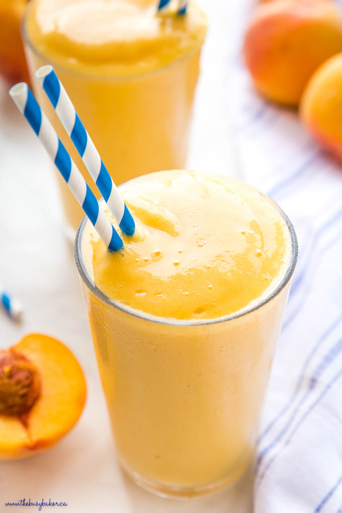 closeup image: peach mango smoothie