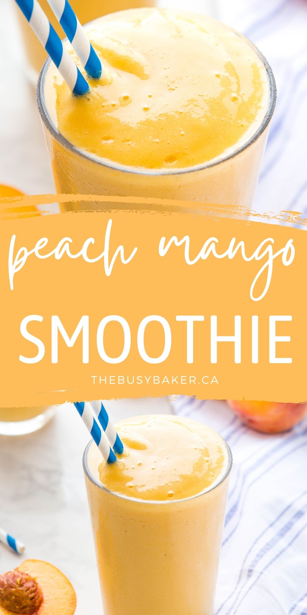 This Peach Mango Smoothie is creamy and delicious, packed with peaches, mango, and bananas - nutritious, dairy-free, and easy to make! Perfect for breakfast or a snack! Recipe from thebusybaker.ca! #smoothie #peachmango #fruit #wholefoods #breakfast #snack #postworkout #healthy #vegan #dairyfree #vegetarian #plantbased #health via @busybakerblog