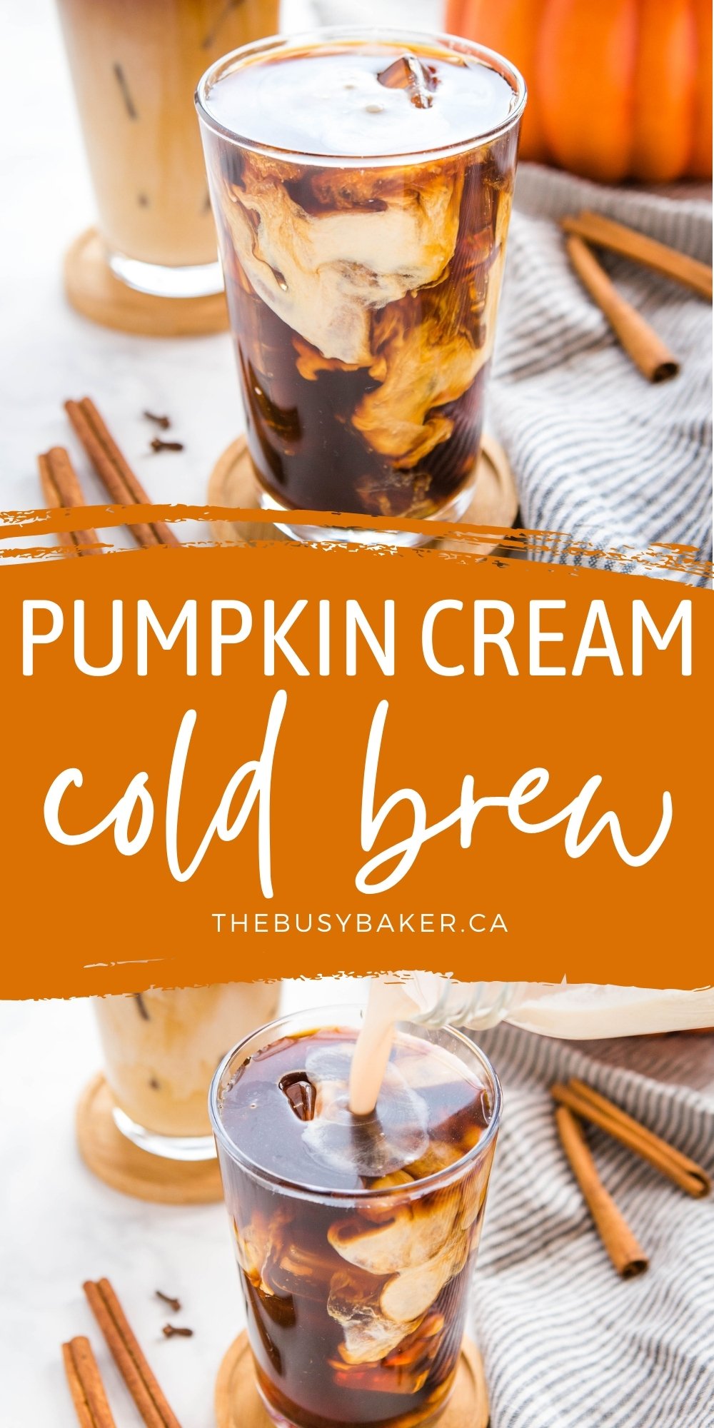 This Starbucks Pumpkin Cream Cold Brew is the perfect pumpkin spice iced coffee drink - easy-to-make cold brew coffee sweetened with a simple pumpkin cream made in a mason jar! Skip the coffee shop and make your favourite Pumpkin Cream Cold Brew at home! Recipe from thebusybaker.ca! #pumpkincreamcoldbrew #pumpkinspicelatte #pumpkinspice #pumpkin #fall #easytomake #coffee #homemade #starbucks #copycat via @busybakerblog