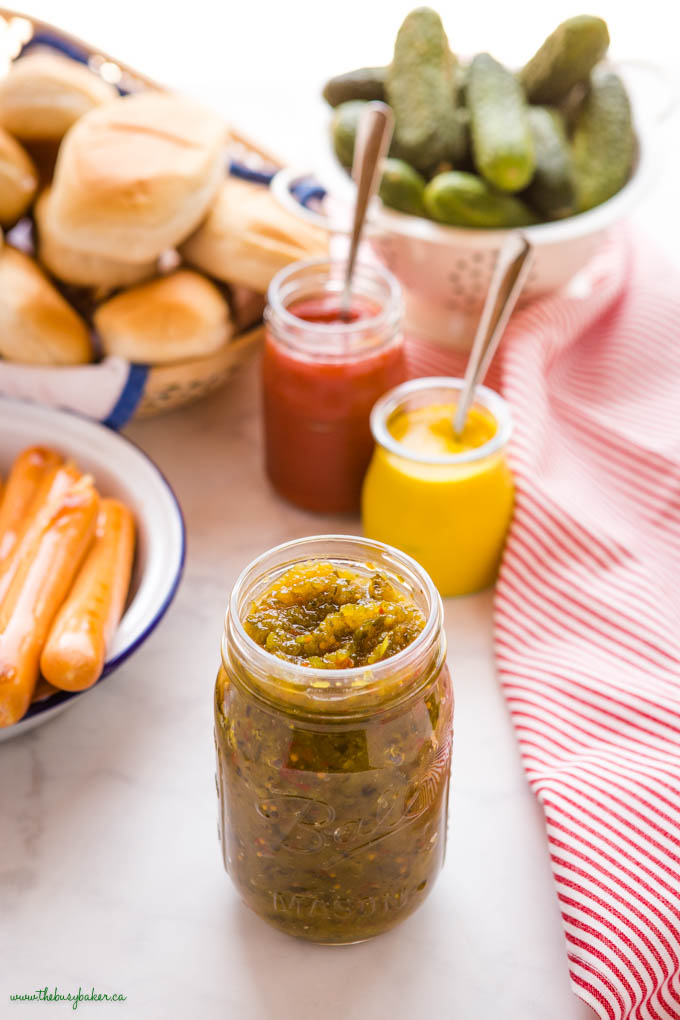 hot dog relish, ketchup and mustard in jars
