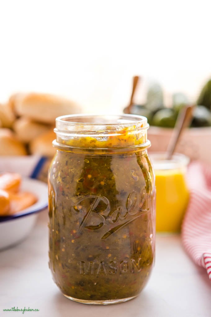 jar of green summer hot dog condiment