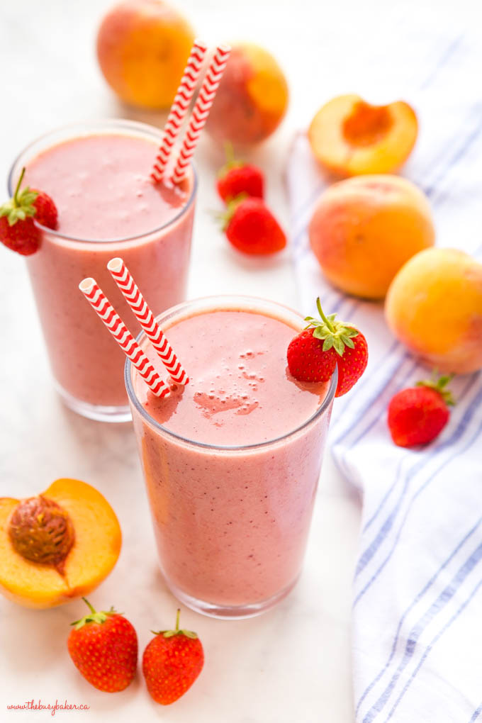 strawberry peach smoothie with fresh strawberries and peaches