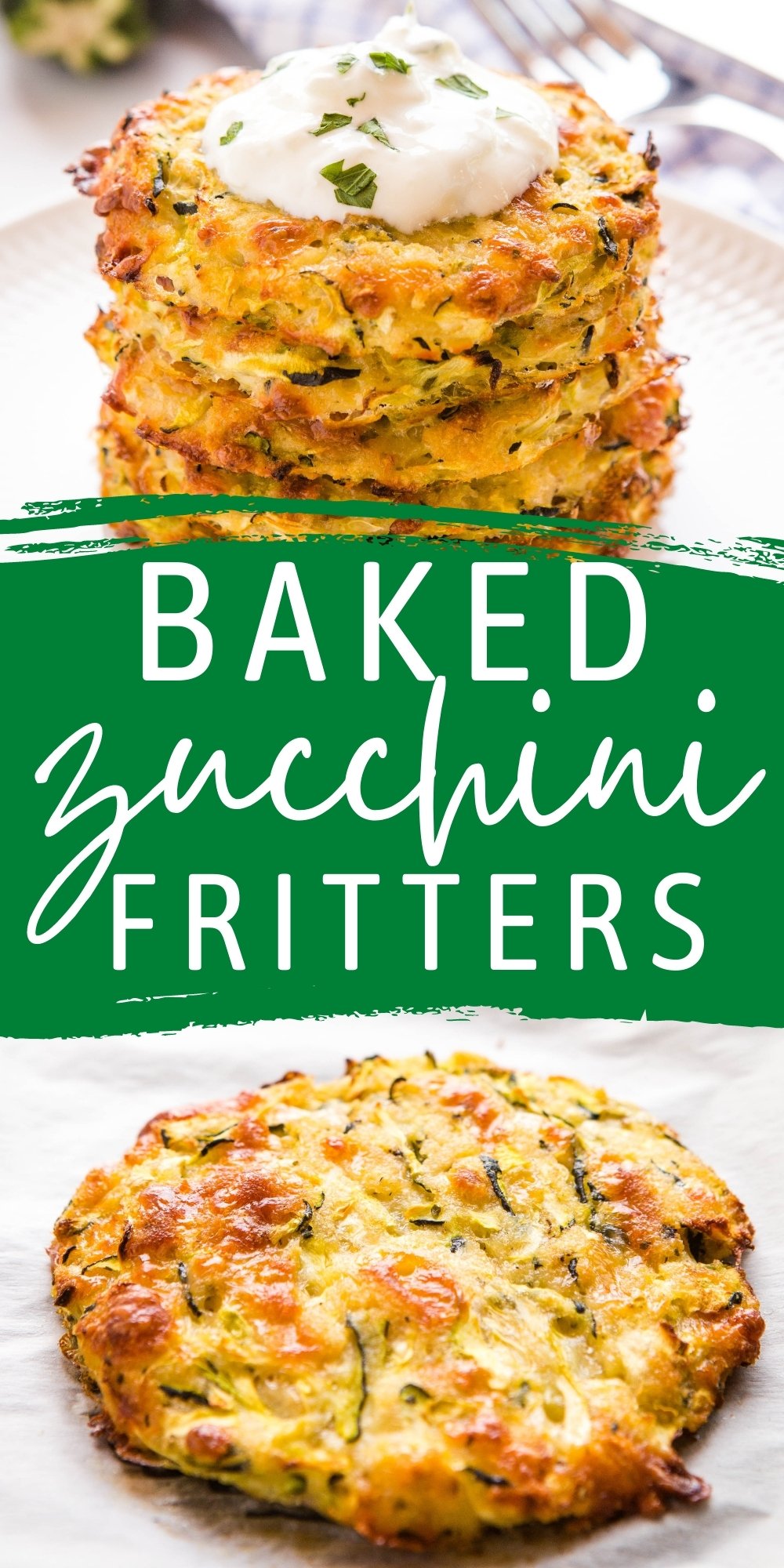 These Baked Zucchini Fritters are the perfect easy meal or snack made with fresh zucchini & cheese, and served with tzatziki - packed with flavour and a healthy choice! Recipe from thebusybaker.ca! #zucchini #bakedzucchinifritters #baked #veggie #vegetarian #fritters #easytomake #healthy #familymeal #snack via @busybakerblog