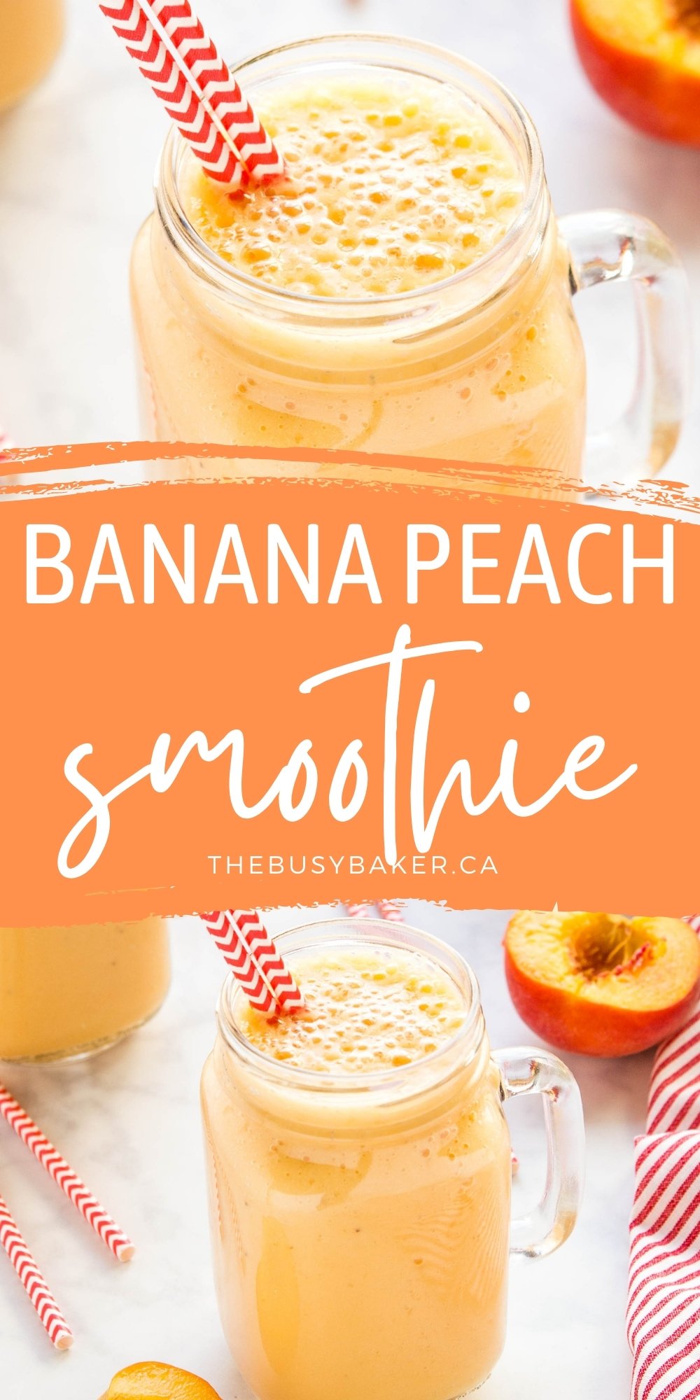 This Banana Peach Smoothie is creamy and delicious, packed with bananas and peaches - nutritious, dairy-free, and easy to make for a post-workout snack or breakfast! Recipe from thebusybaker.ca! #bananapeachsmoothie #smoothie #drink #postworkout #health #healthy #plantbased #dairyfree via @busybakerblog