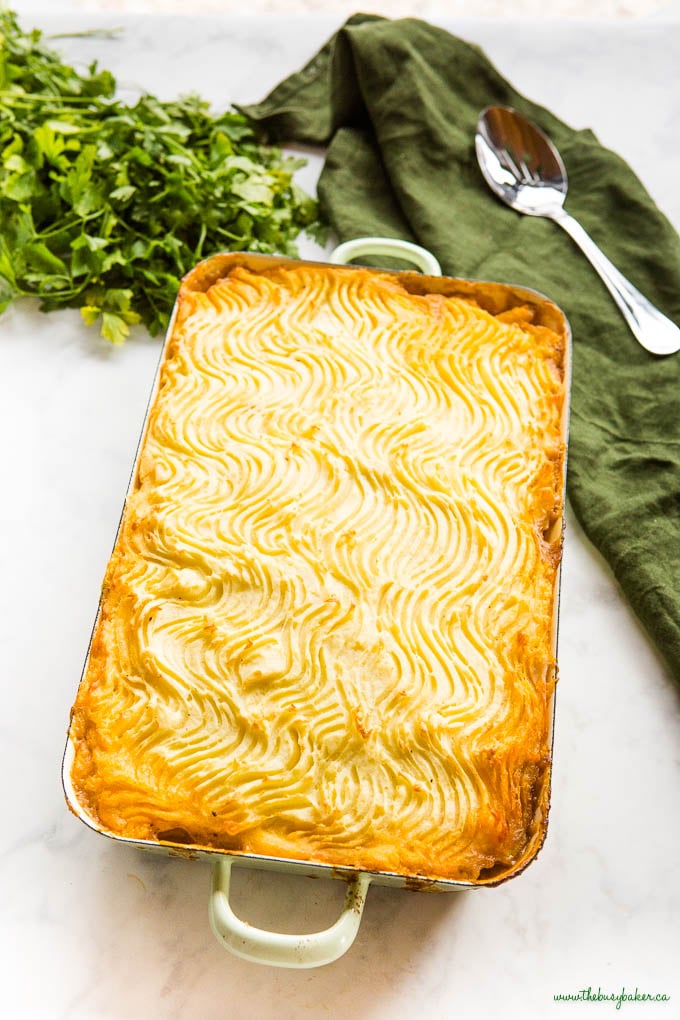 cottage pie in green baking dish