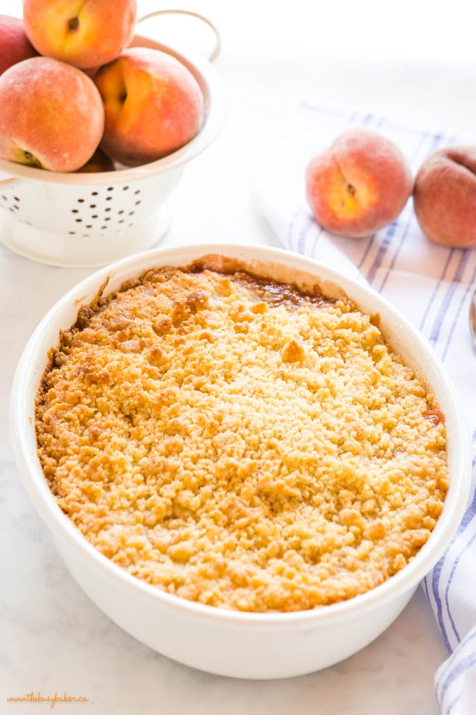 peach crumble in white oval baking dish with fresh peaches