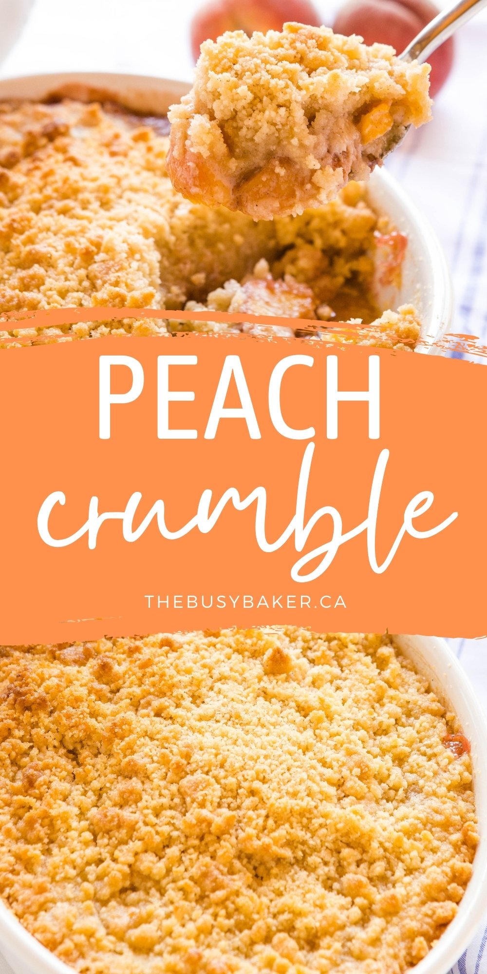 This Fresh Homemade Peach Crumble is the perfect sweet and delicious fruit-packed dessert made with fresh peaches, baked to perfection with the best crumble topping. Recipe from thebusybaker.ca! #peachcrumble #peachdessert #fruitcrisp #fruitcrumble #summer #dessert #baking via @busybakerblog