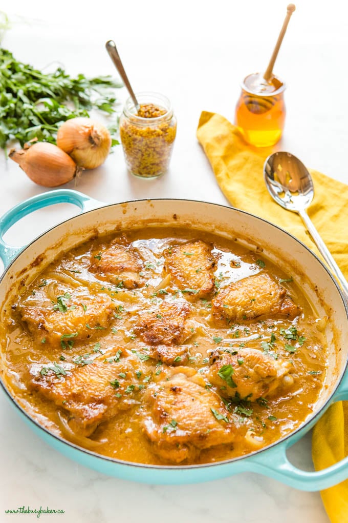 honey mustard chicken thighs in cast iron pan