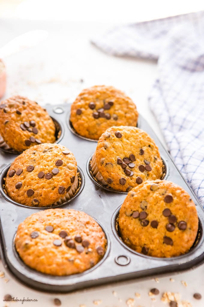oatmeal muffins with chocolate chips in black muffin tin