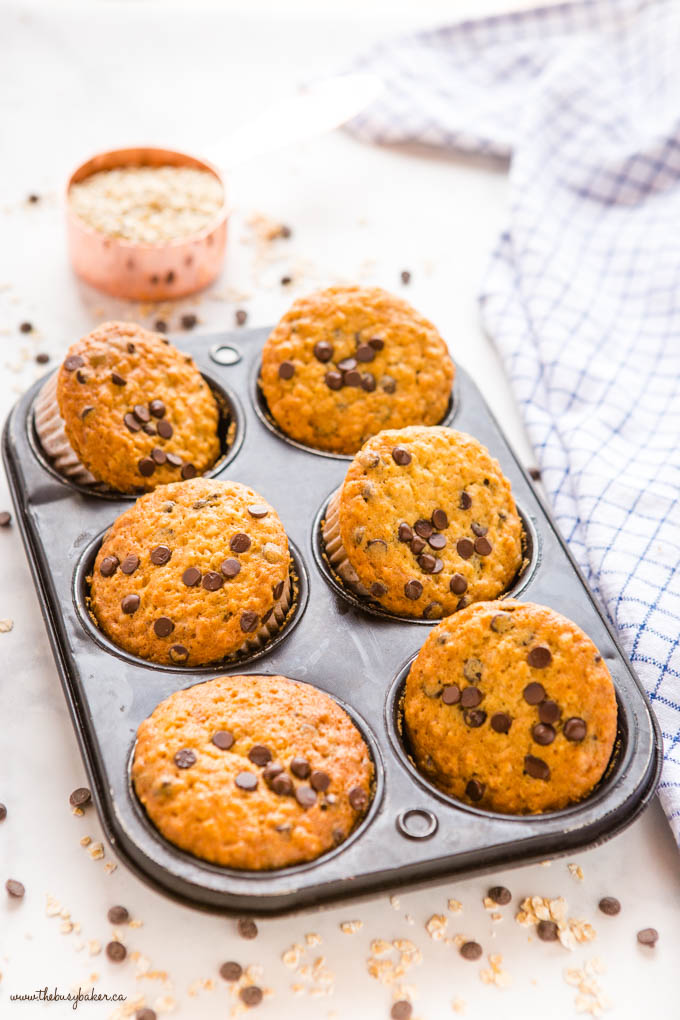 oatmeal muffins with chocolate chips in muffin tin