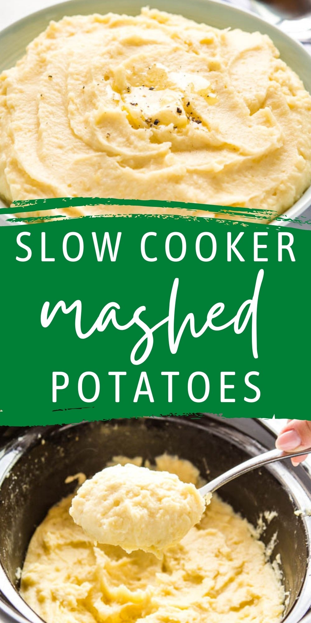 These Slow Cooker Mashed Potatoes are the perfect easy holiday side dish! Basic ingredients, perfect for a crowd, and extra creamy and flavourful. The BEST set-it-and-forget-it side dish recipe! Recipe from thebusybaker.ca! #christmas #thanksgiving #mashedpotatoes #sidedish #slowcooker #crockpotsidedish #holidaysidedish #potatoes via @busybakerblog