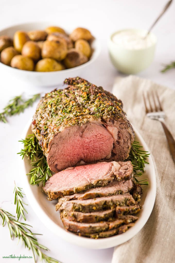 prime rib roast on white platter