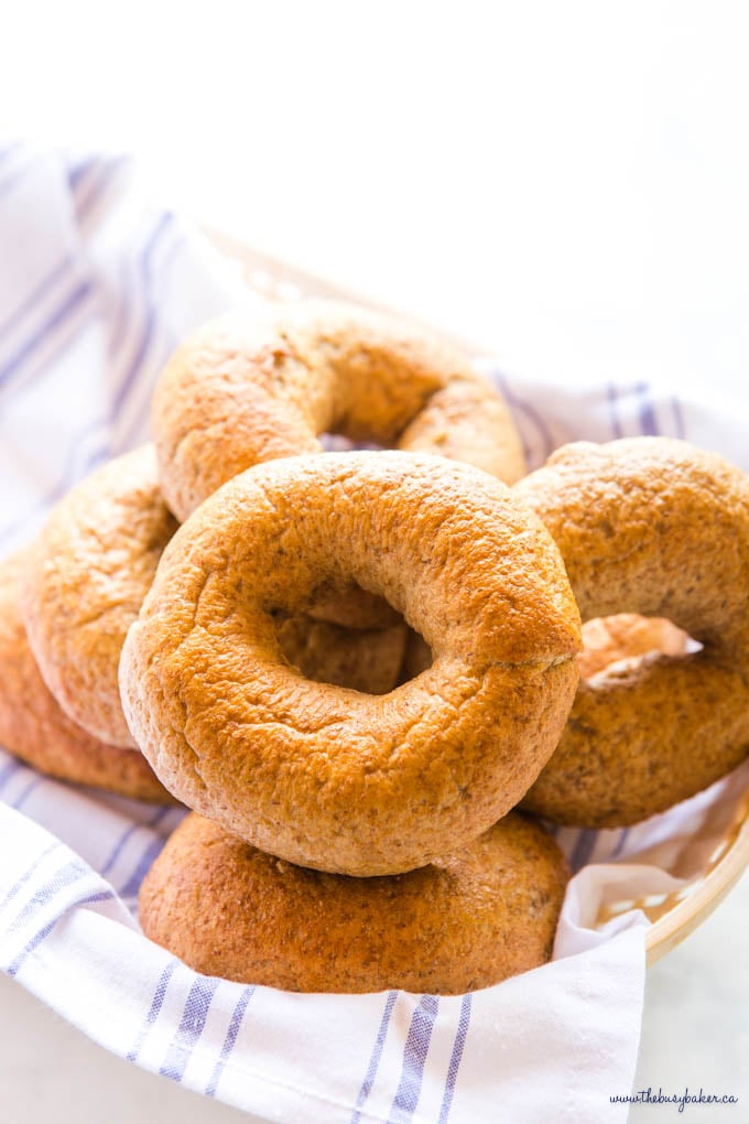 whole wheat bagels in a bread basket