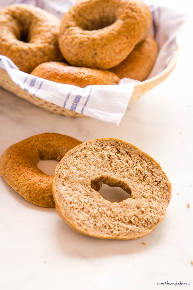 whole wheat bagel sliced to show texture
