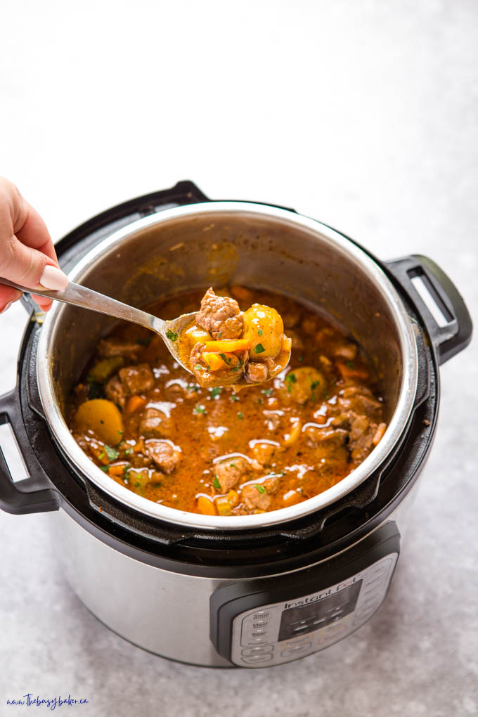 spoonful of beef stew in the Instant Pot