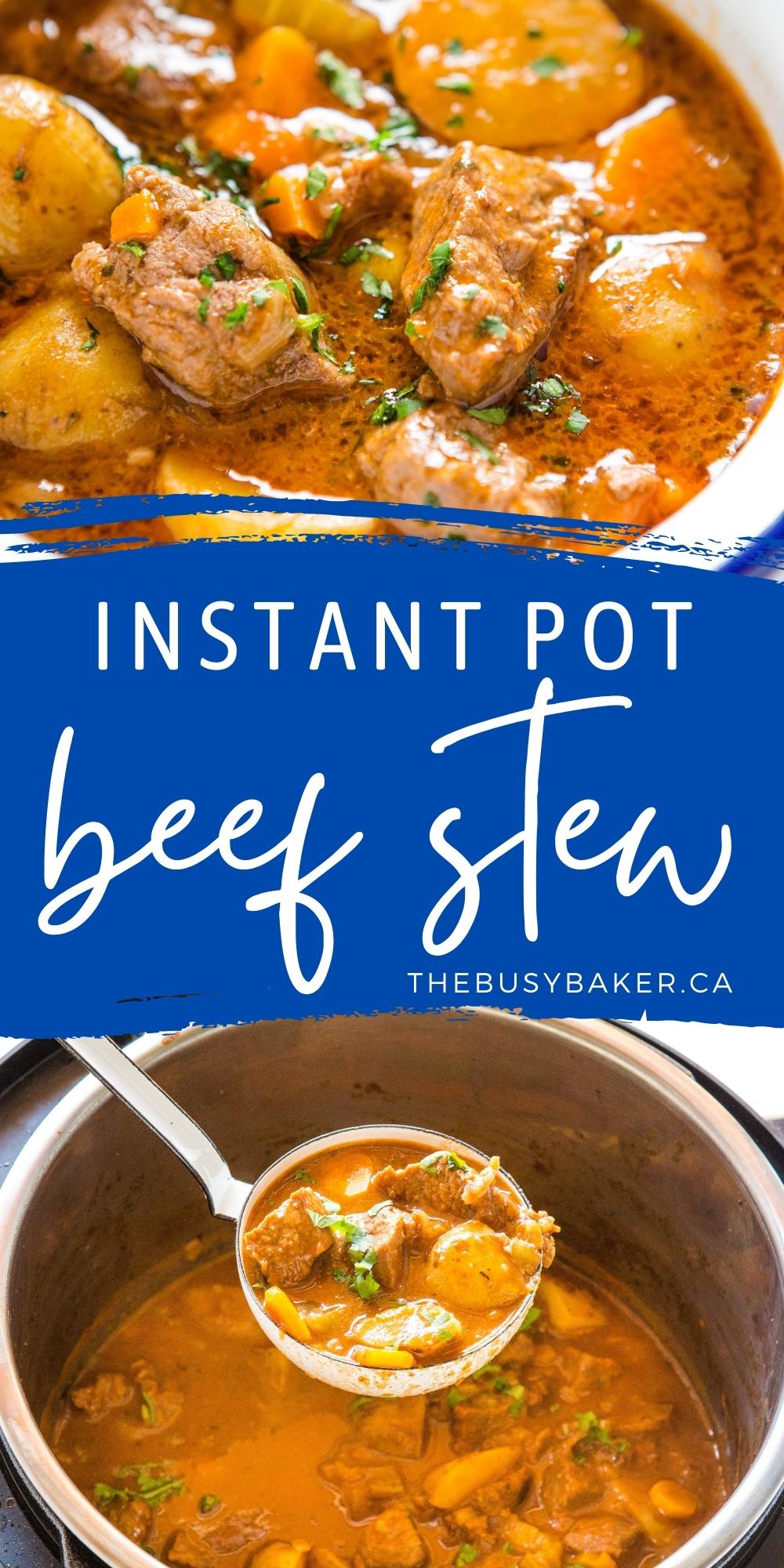 This Instant Pot Beef Stew is a deliciously easy classic beef stew recipe that's on the table in under 30 minutes. Comfort food at its finest and the perfect weeknight meal! Recipe from thebusybaker.ca! #instantpotbeefstew #instantpotdinner #familymeal #easymeal #beefstew #instantpot via @busybakerblog