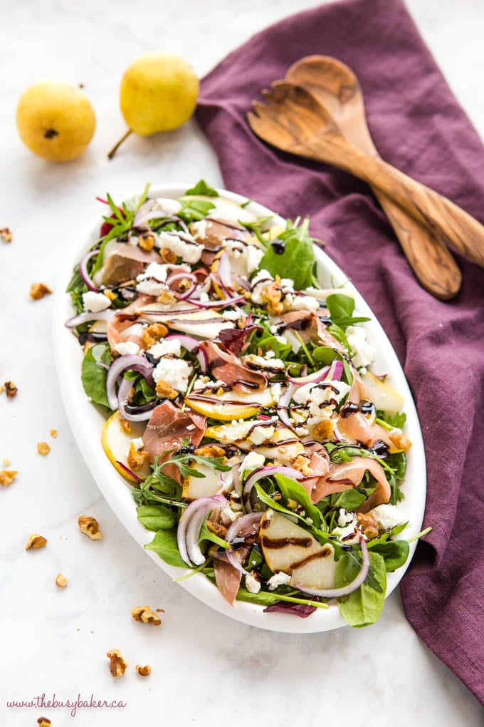 Pear Walnut Salad with Arugula, goat cheese and prosciutto