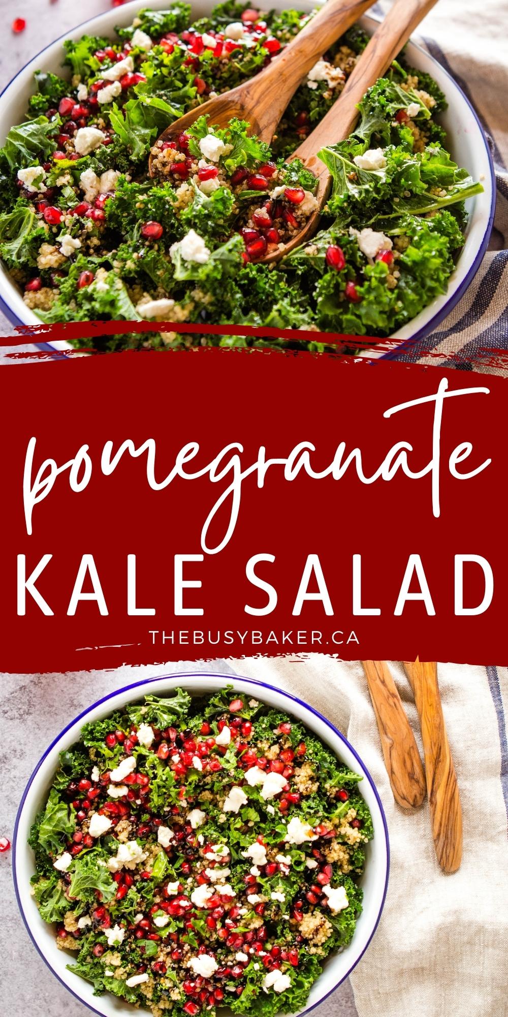 This Pomegranate Salad with Kale and Quinoa is both festive and healthy, and it makes the perfect holiday side dish or winter salad. Recipe from thebusybaker.ca! #quinoa #kale #pomegranate #saladwithkale #pomegranatesalad #holiday #sidedish #wintersalad via @busybakerblog