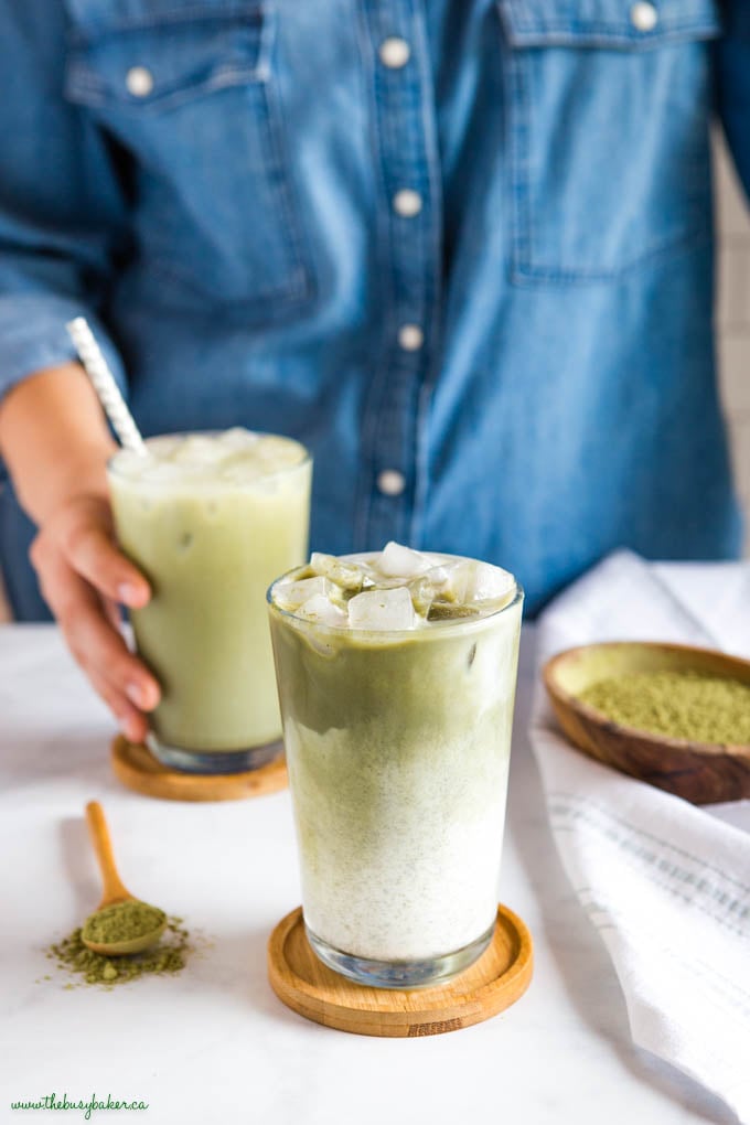 iced matcha latte in glass with ice