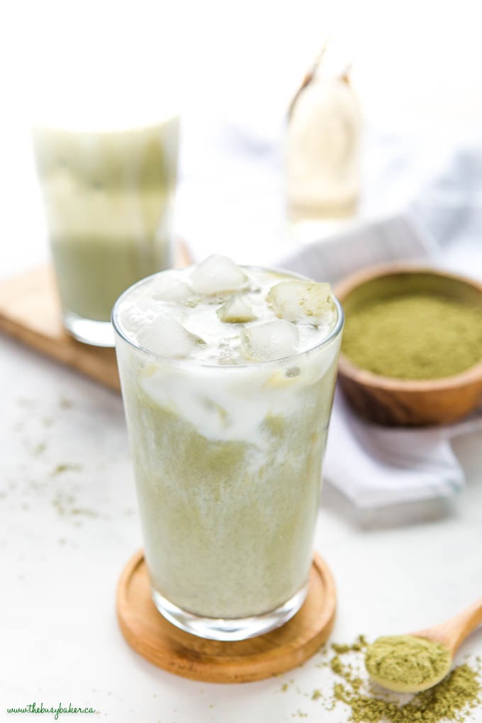 iced matcha latte in glass with ice