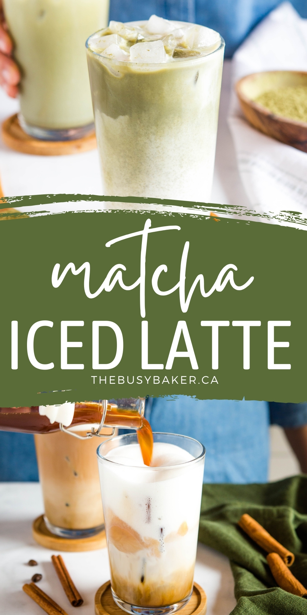 This Iced Matcha Latte is the perfect refreshing tea latte. Matcha green tea, foamed milk & maple syrup - easy to make & delicious! Recipe from thebusybaker.ca ! #matcha #icedlatte #matchalatte #icedmatcha #matchalatteiced #starbucks #copycat #drink #coffeeshop #coffee via @busybakerblog