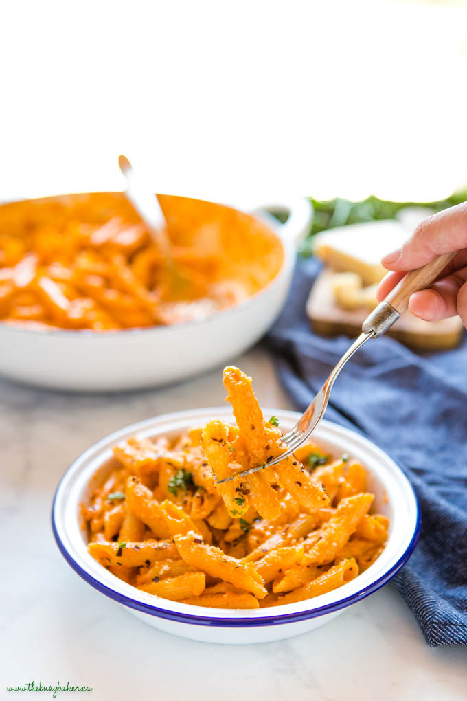hand holding fork with penne and vodka tomato sauce