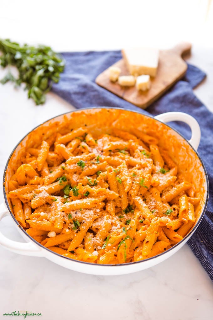 cast iron pan with penne with vodka sauce