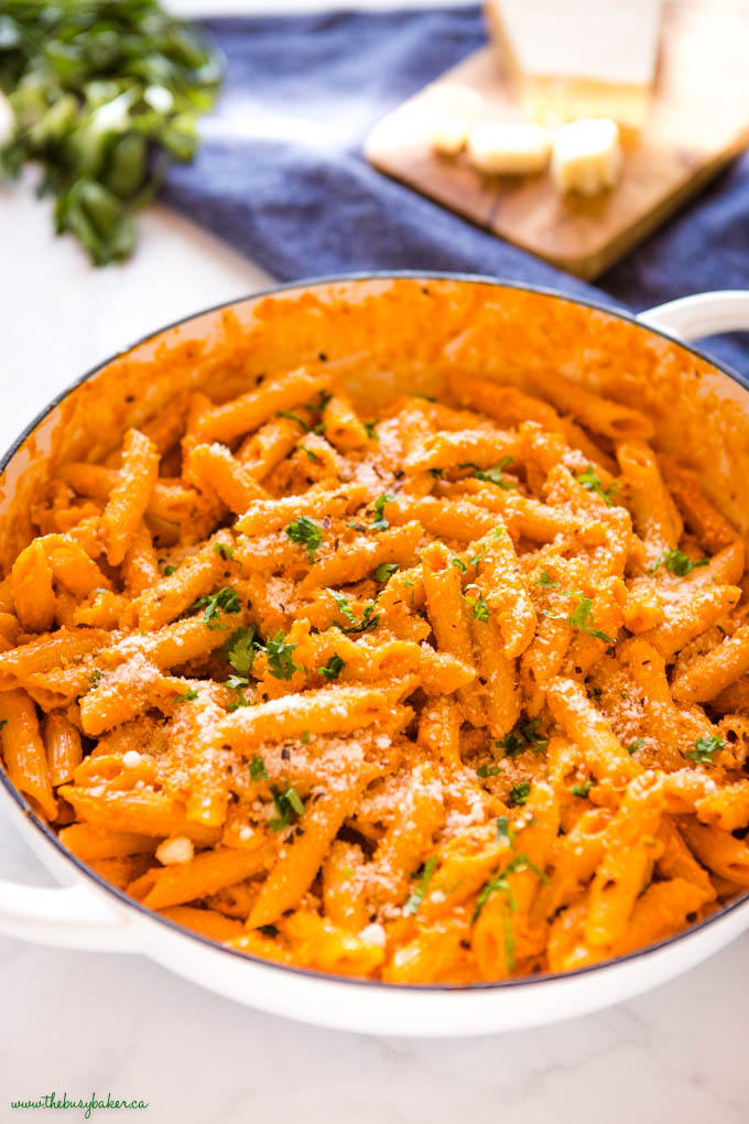 penne with vodka tomato sauce in a white pan