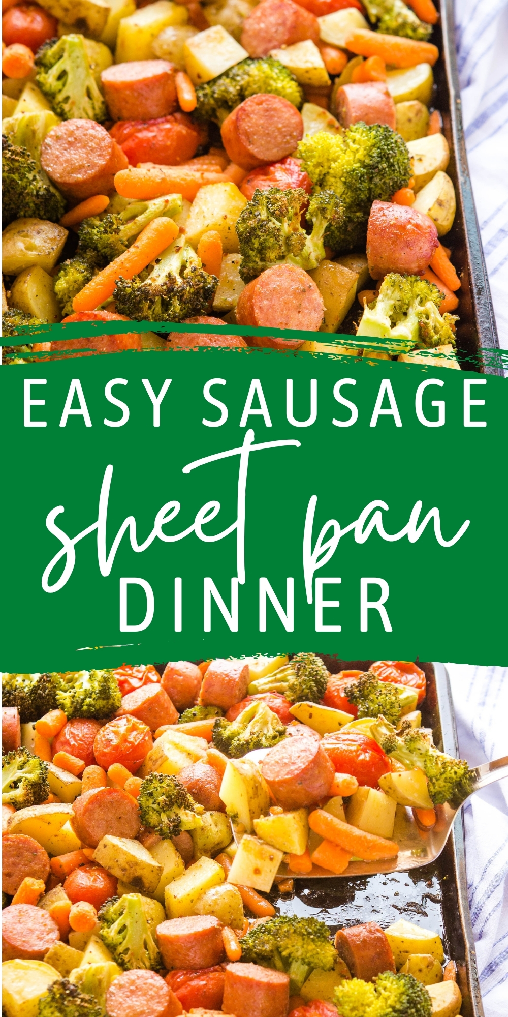 This Sausage Sheet Pan Dinner is packed with veggies and lean protein  - it's the perfect simple weeknight family meal made all in one pan! Recipe from thebusybaker.ca! #sheetpandinner #sausages #veggies #dinner #familymeal #weeknightmeal #sheetpanmeal #easyrecipe #supper via @busybakerblog