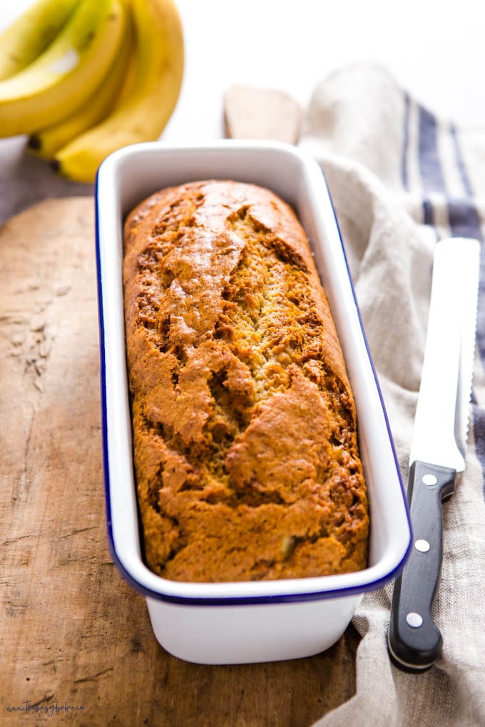 dairy free egg free banana bread in white enamel tin